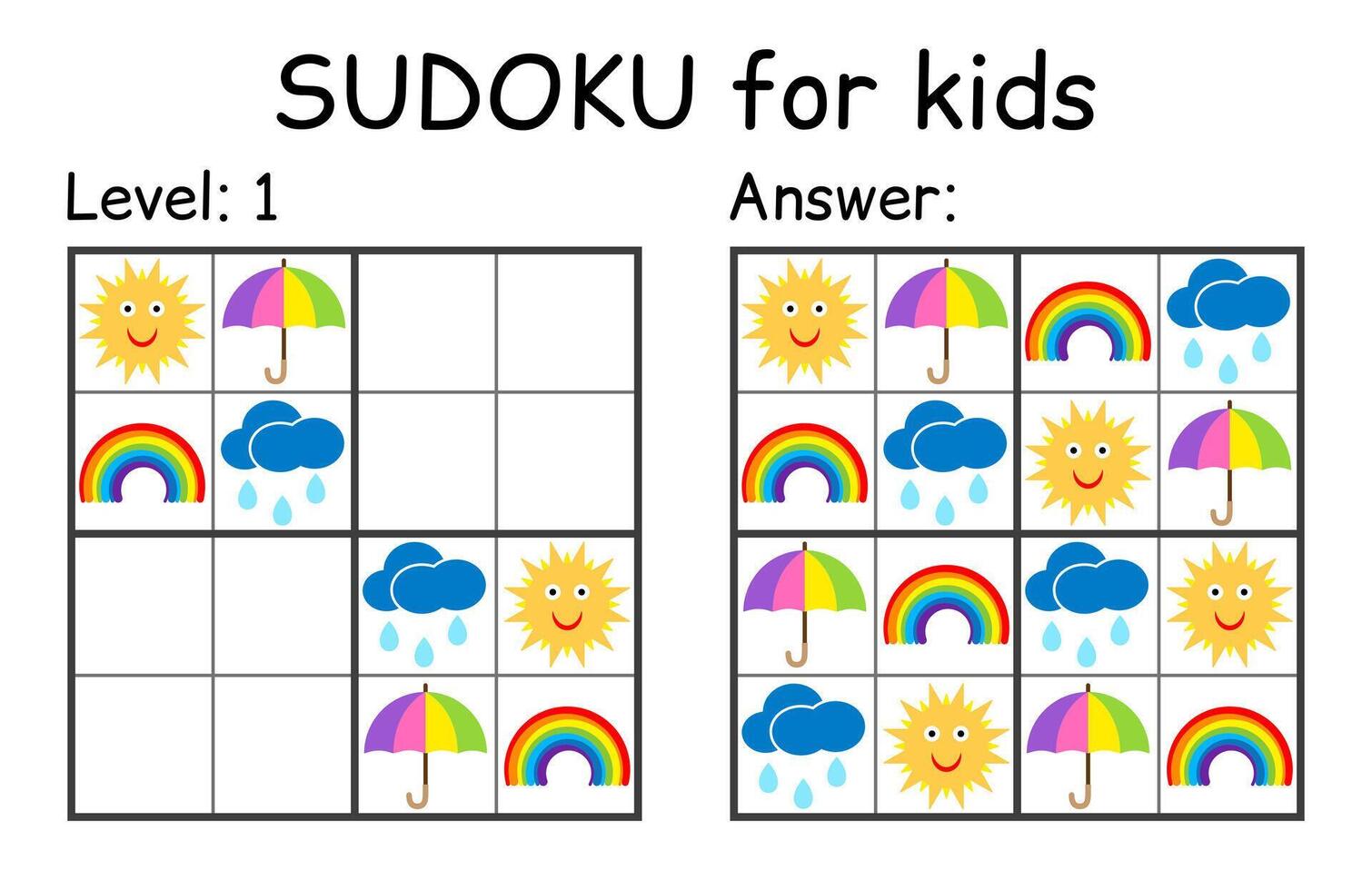 Sudoku. Kids and adult mathematical mosaic. Kids game. Weather theme. Magic square. Logic puzzle game. Digital rebus vector