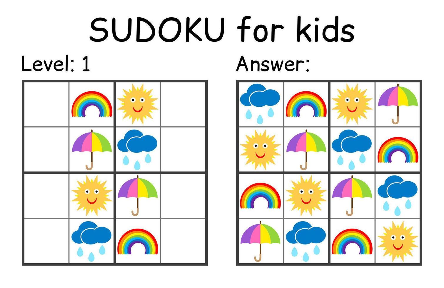 Sudoku. Kids and adult mathematical mosaic. Kids game. Weather theme. Magic square. Logic puzzle game. Digital rebus vector