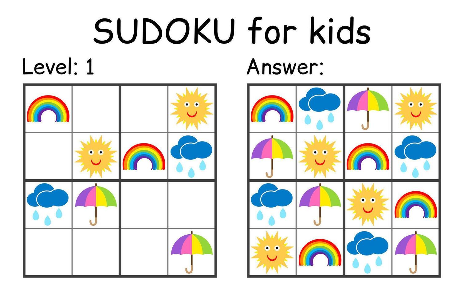 Sudoku. Kids and adult mathematical mosaic. Kids game. Weather theme. Magic square. Logic puzzle game. Digital rebus vector