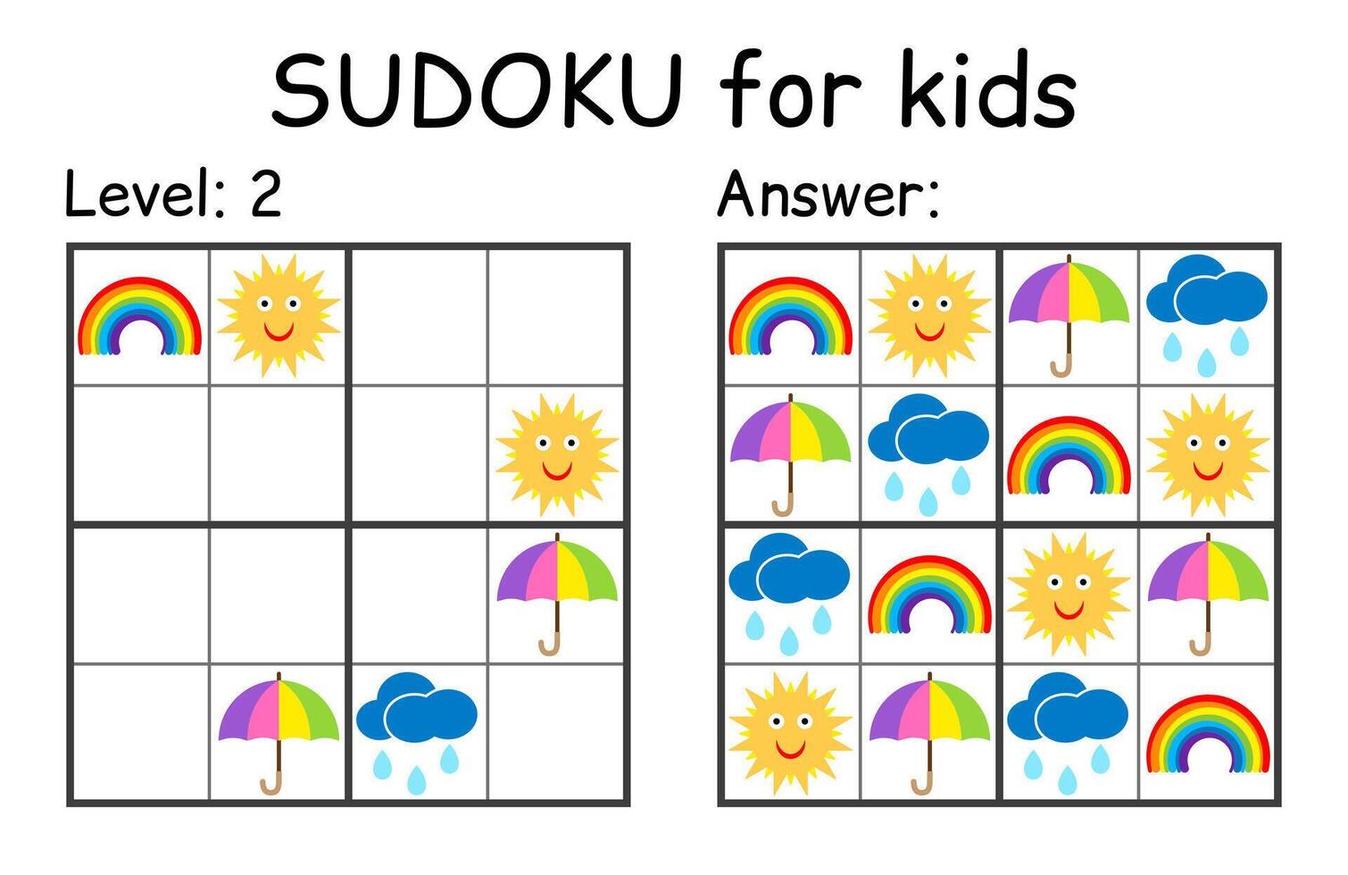 Sudoku. Kids and adult mathematical mosaic. Kids game. Weather theme. Magic square. Logic puzzle game. Digital rebus vector