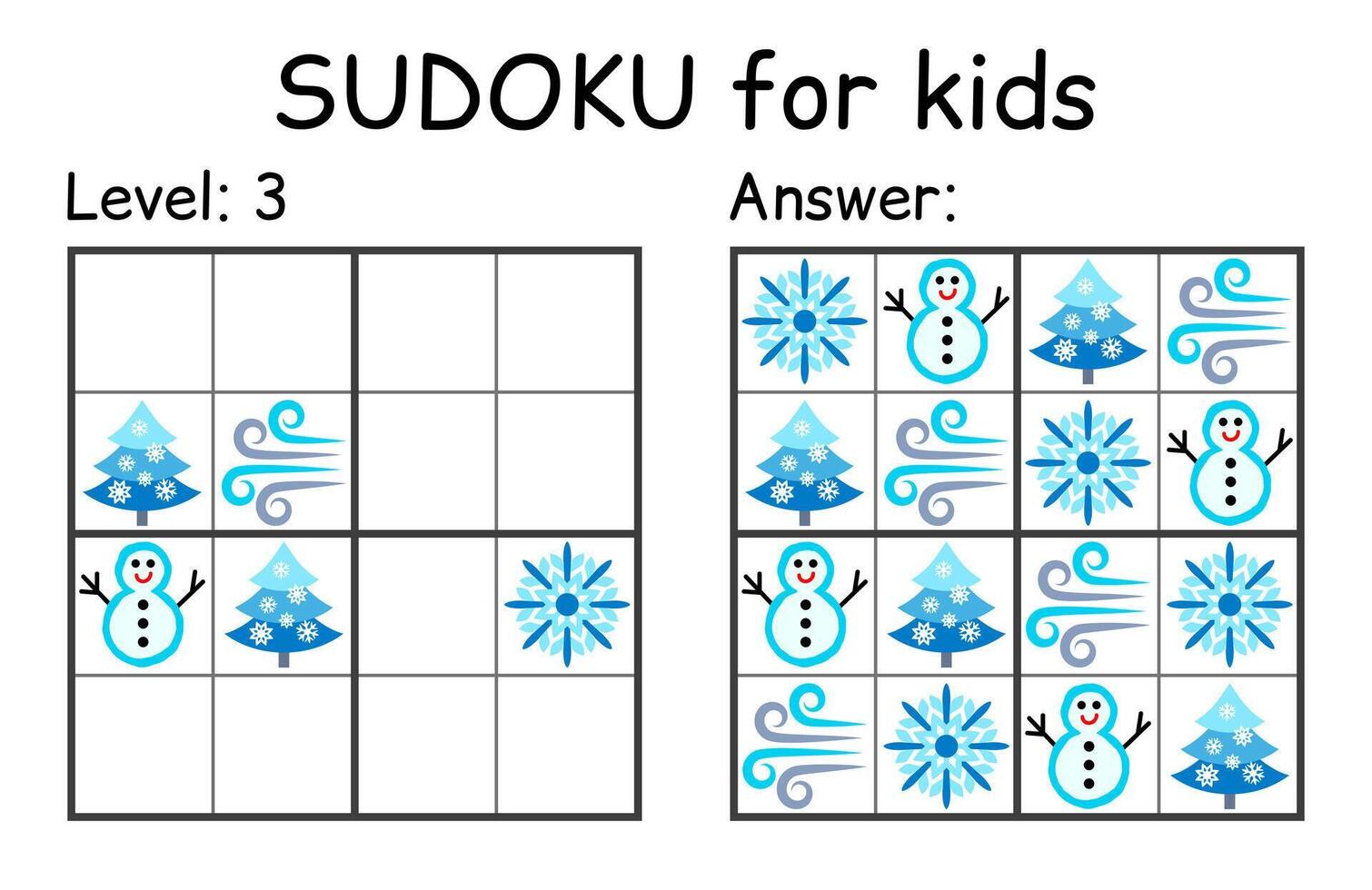 Sudoku. Kids and adult mathematical mosaic. Kids game. Winter theme. Magic square. Logic puzzle game. Digital rebus vector