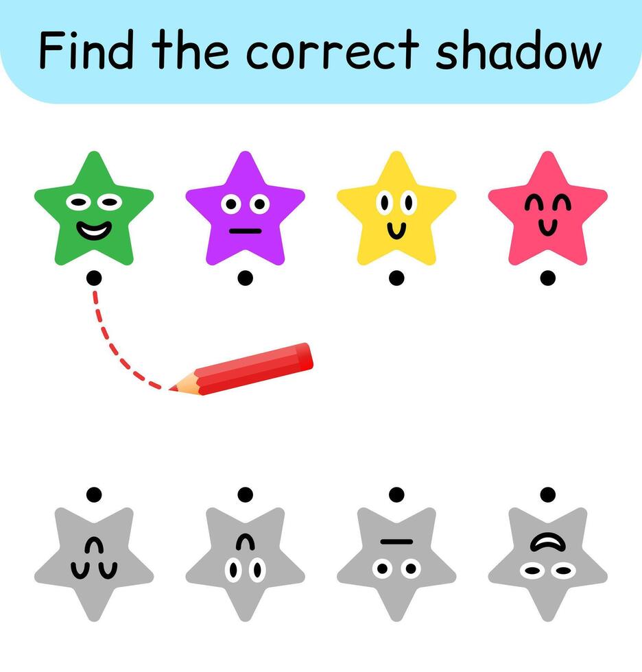 Find the correct shadow. Kids game. Educational matching game for children. Star theme. vector