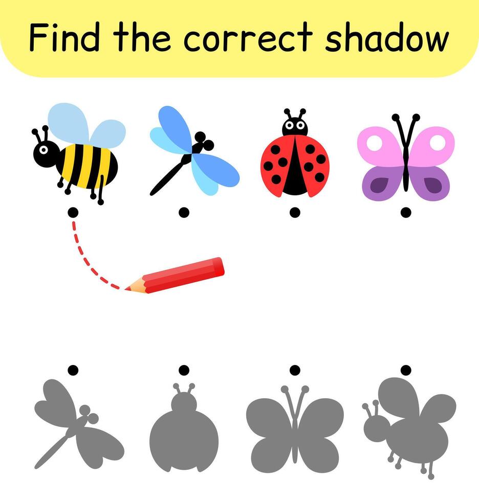 Find the correct shadow. Kids game. Educational matching game for children. Insect theme vector