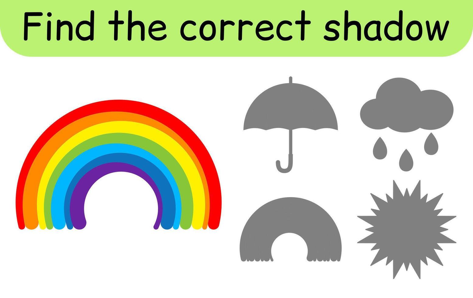 Find the correct shadow. Kids game. Educational matching game for children. Weather theme vector