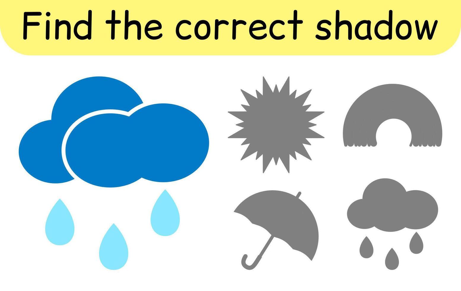 Find the correct shadow. Kids game. Educational matching game for children. Weather theme vector