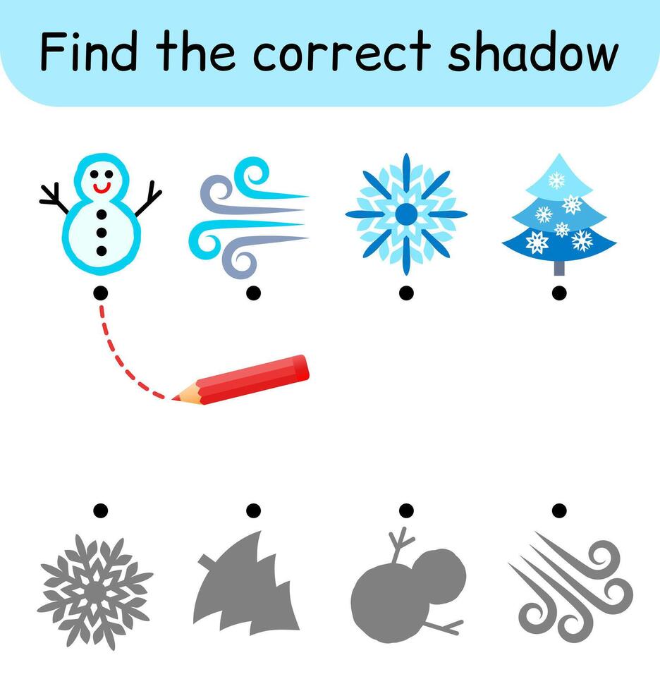 Find the correct shadow. Kids game. Educational matching game for children. Winter theme vector