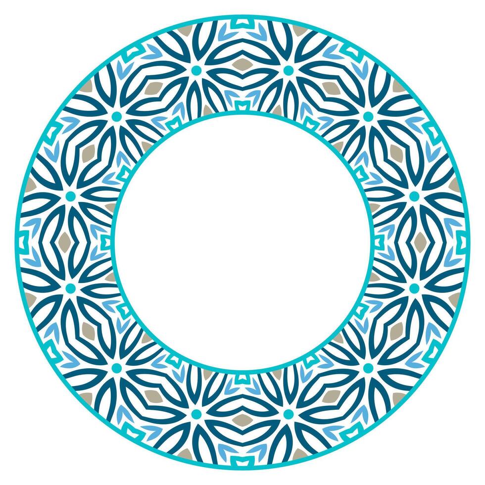 Decorative round ornament. Ceramic tile border. Pattern for plates or dishes. Islamic, indian, arabic motifs. Porcelain pattern design. Abstract floral ornament border vector