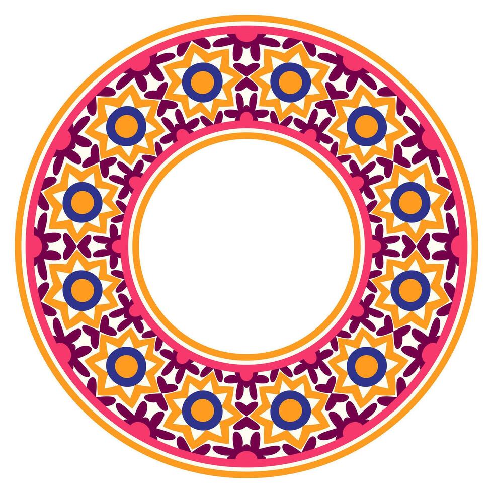 Decorative round ornament. Ceramic tile border. Pattern for plates or dishes. Islamic, indian, arabic motifs. Porcelain pattern design. Abstract floral ornament border vector