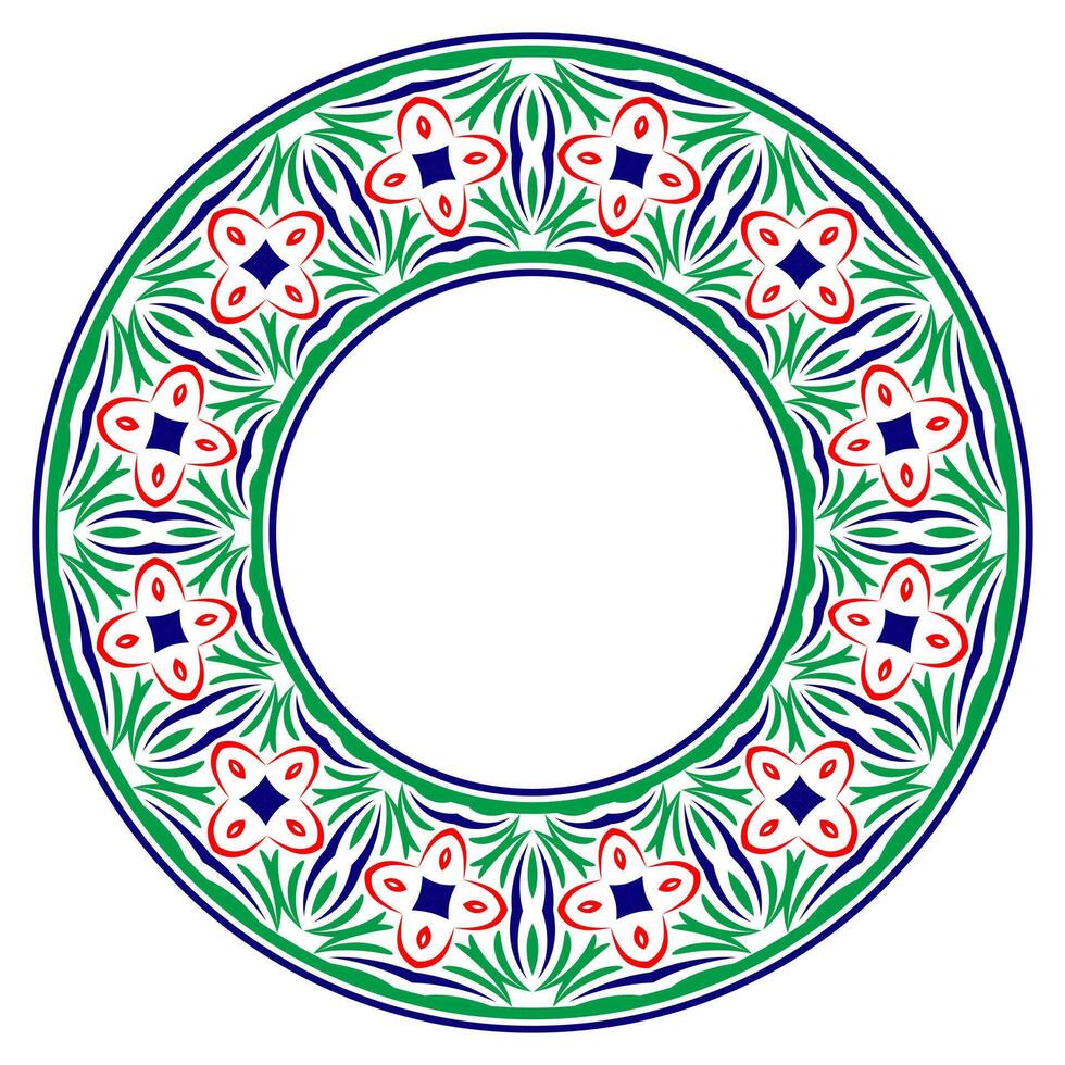 Decorative round ornament. Ceramic tile border. Pattern for plates or dishes. Islamic, indian, arabic motifs. Porcelain pattern design. Abstract floral ornament border vector