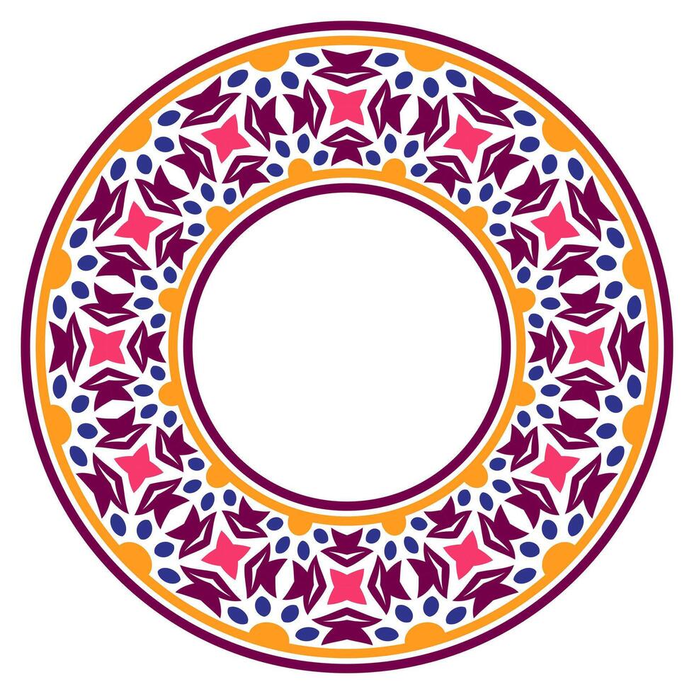 Decorative round ornament. Ceramic tile border. Pattern for plates or dishes. Islamic, indian, arabic motifs. Porcelain pattern design. Abstract floral ornament border vector