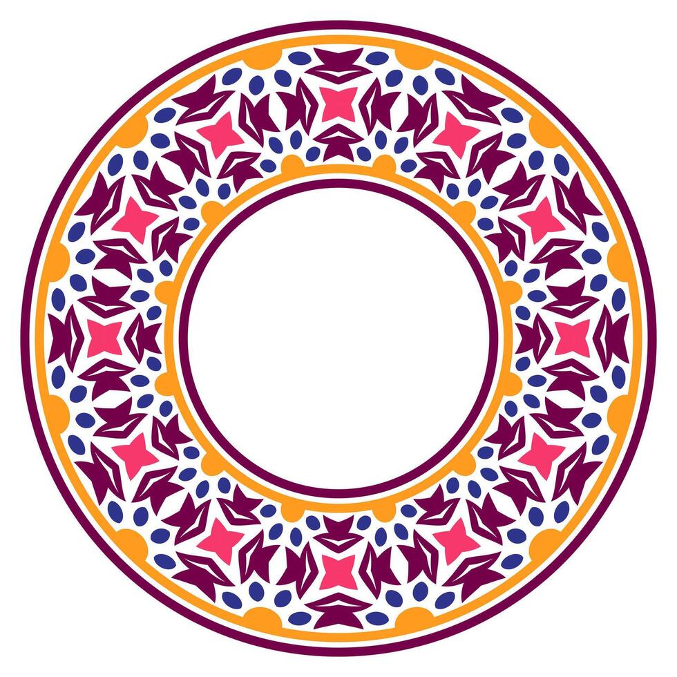 Decorative round ornament. Ceramic tile border. Pattern for plates or dishes. Islamic, indian, arabic motifs. Porcelain pattern design. Abstract floral ornament border vector