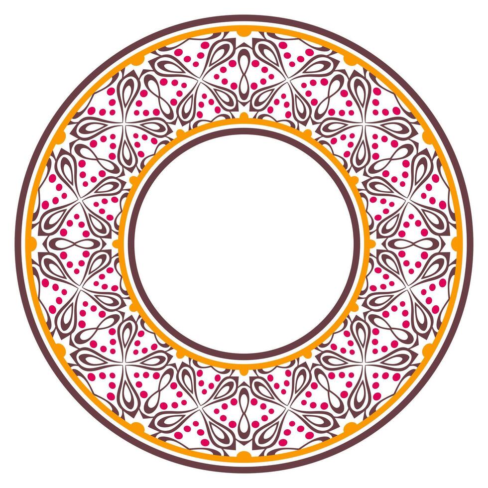 Decorative round ornament. Ceramic tile border. Pattern for plates or dishes. Islamic, indian, arabic motifs. Porcelain pattern design. Abstract floral ornament border vector