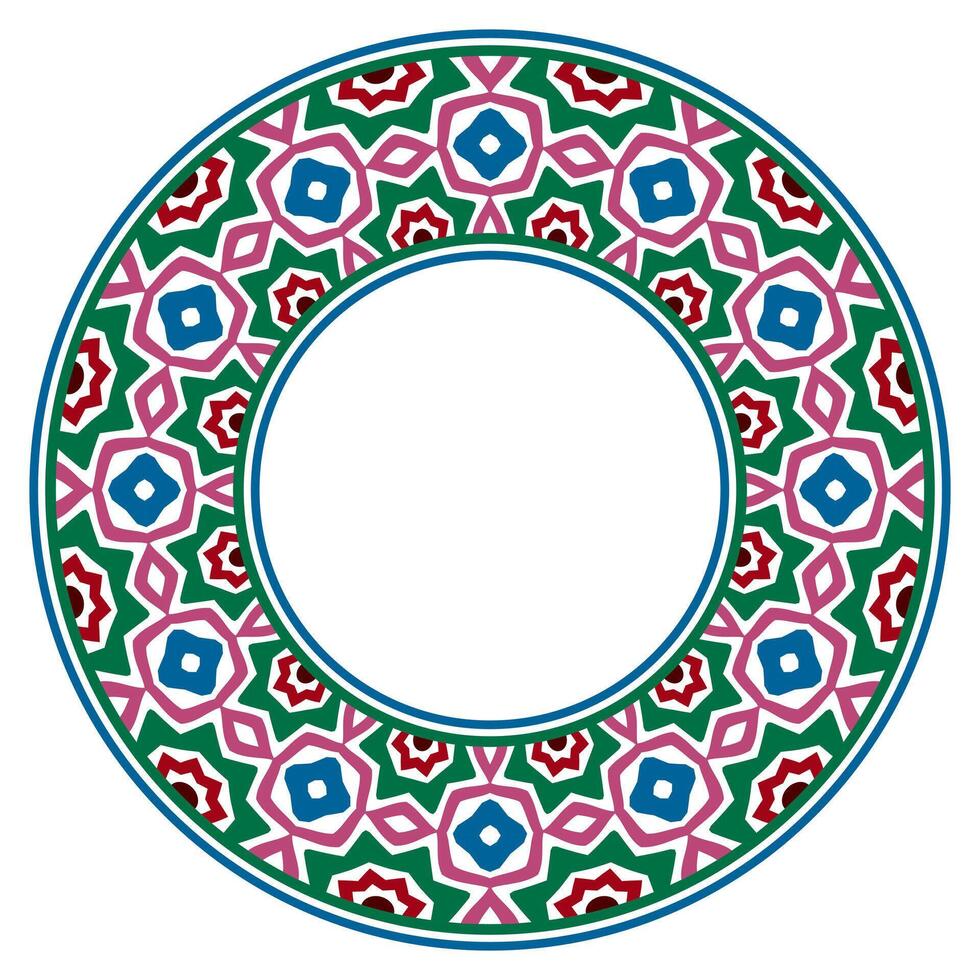 Decorative round ornament. Ceramic tile border. Pattern for plates or dishes. Islamic, indian, arabic motifs. Porcelain pattern design. Abstract floral ornament border vector