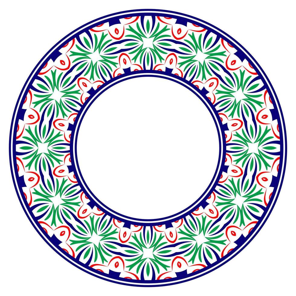 Decorative round ornament. Ceramic tile border. Pattern for plates or dishes. Islamic, indian, arabic motifs. Porcelain pattern design. Abstract floral ornament border vector