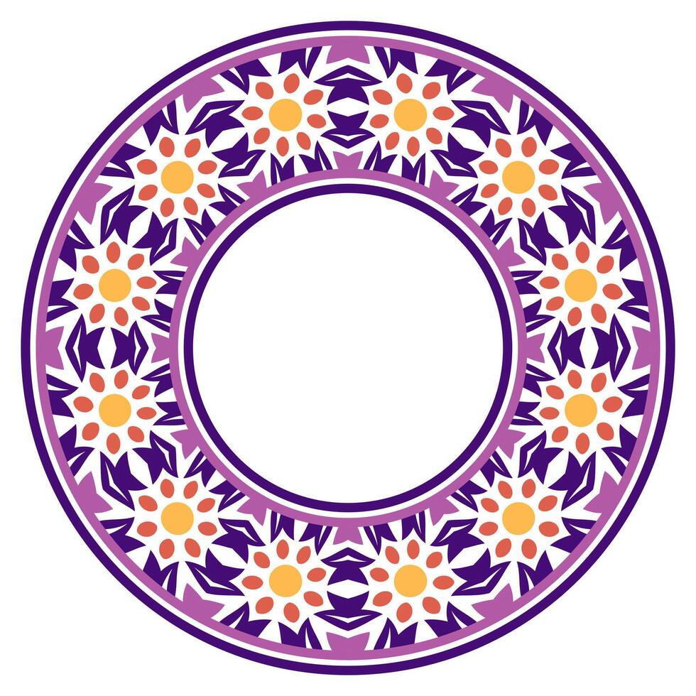Decorative round ornament. Ceramic tile border. Pattern for plates or dishes. Islamic, indian, arabic motifs. Porcelain pattern design. Abstract floral ornament border vector