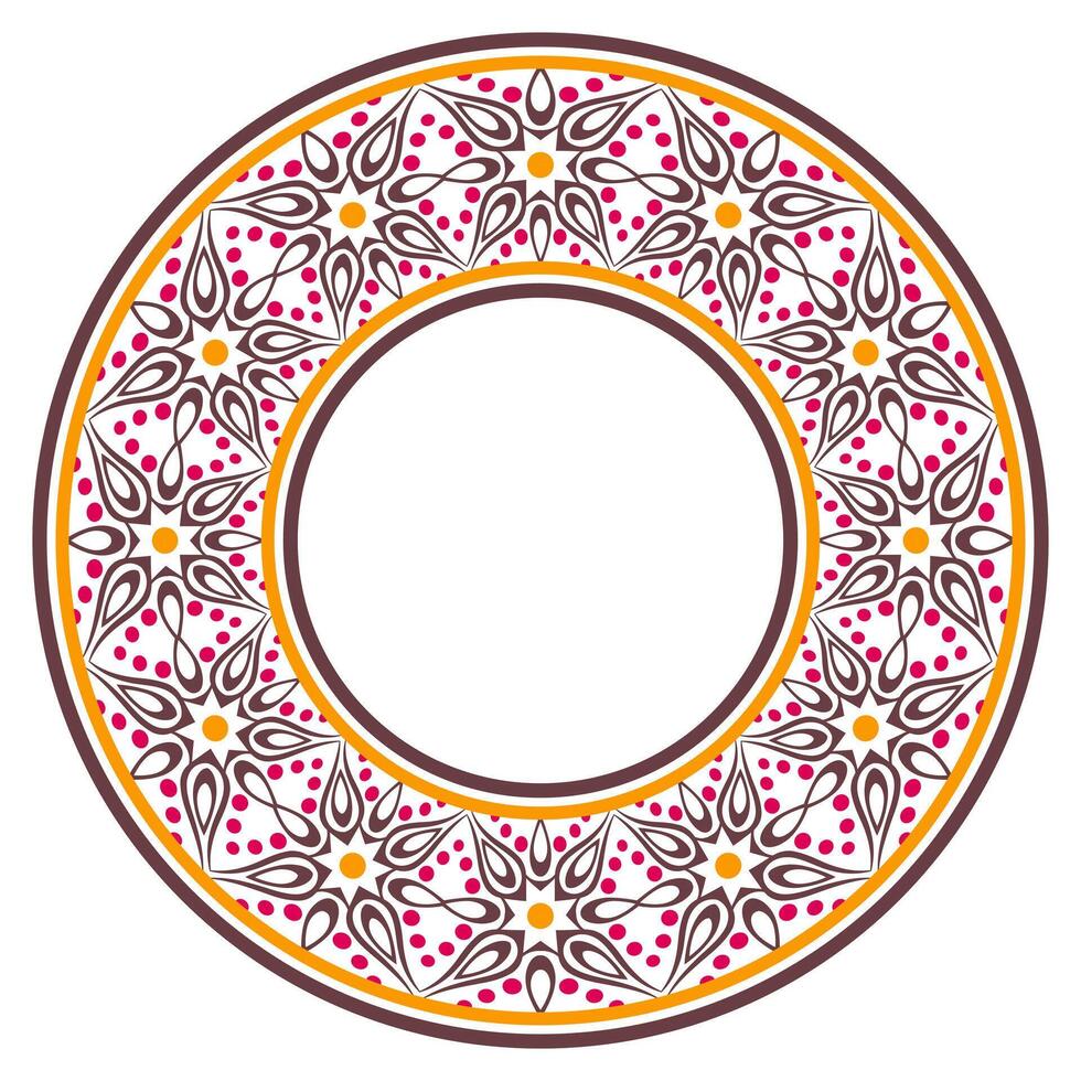 Decorative round ornament. Ceramic tile border. Pattern for plates or dishes. Islamic, indian, arabic motifs. Porcelain pattern design. Abstract floral ornament border vector