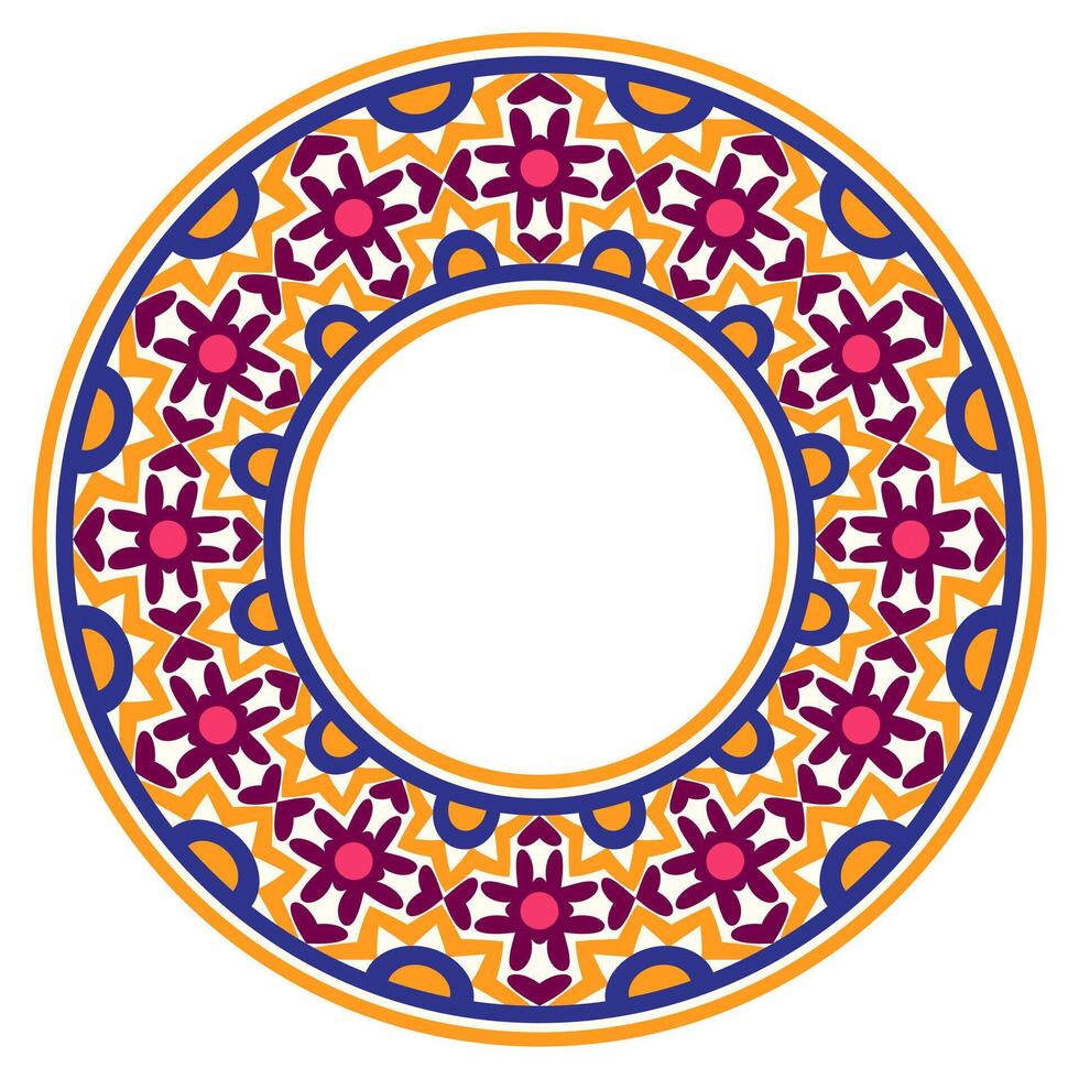 Decorative round ornament. Ceramic tile border. Pattern for plates or dishes. Islamic, indian, arabic motifs. Porcelain pattern design. Abstract floral ornament border vector