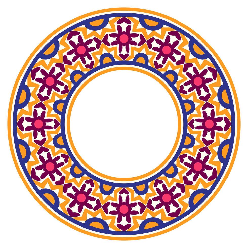 Decorative round ornament. Ceramic tile border. Pattern for plates or dishes. Islamic, indian, arabic motifs. Porcelain pattern design. Abstract floral ornament border vector