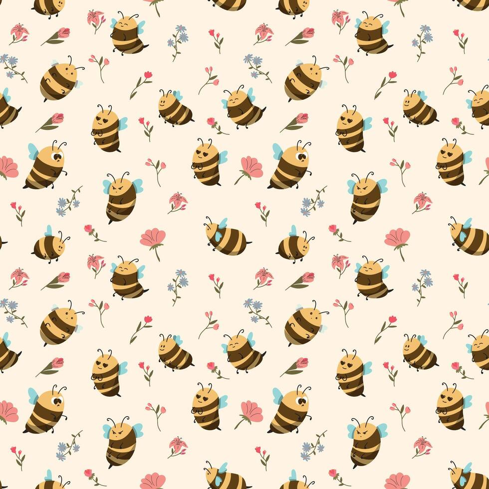 Childish seamless pattern of flying bees and flowers. Illustation for background, banner, sticker label and greeting card. Cute repeated pattern. vector