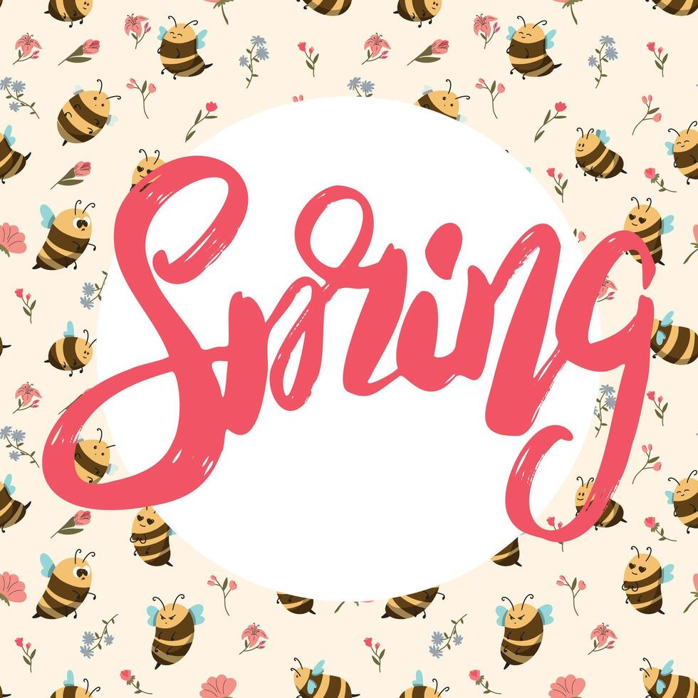 Hello Spring card. Bee flying near flowers in meadow, illustration vector