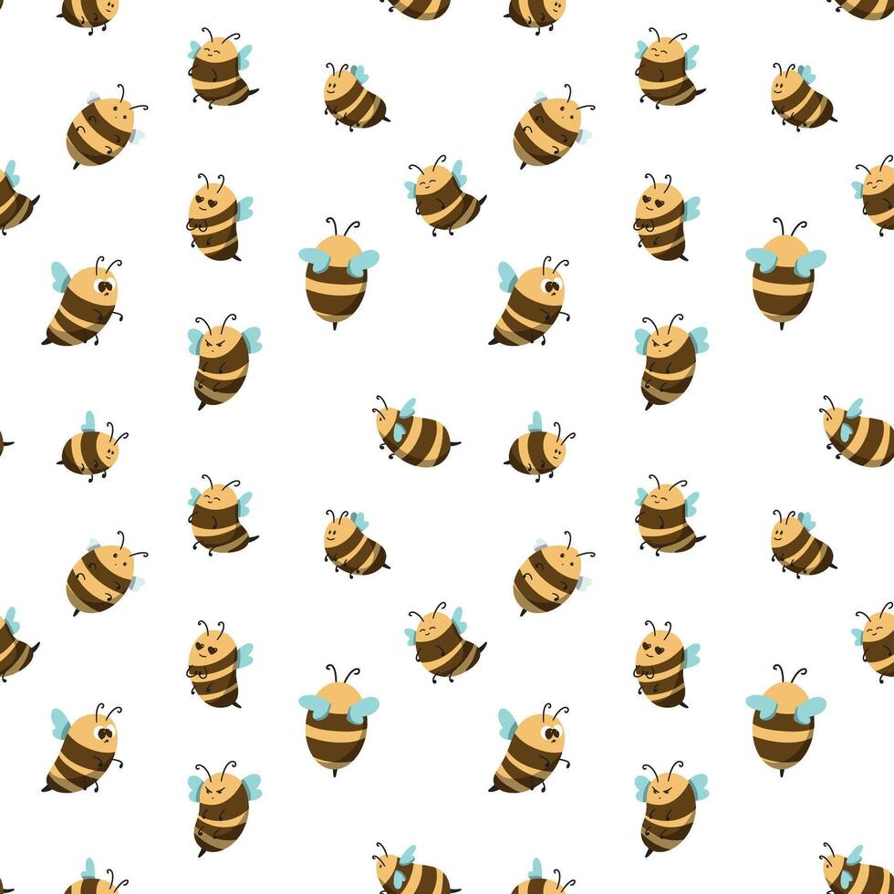 Childish seamless pattern of flying bees. Illustation for background, banner, sticker label and greeting card. Cute repeated pattern. vector