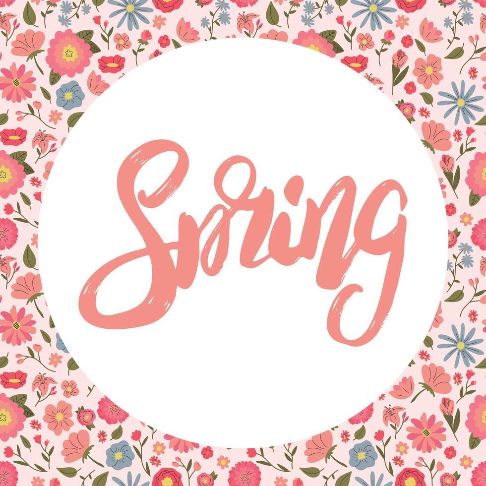 spring lettering and cute card template with hand drawn rustic flowers vector