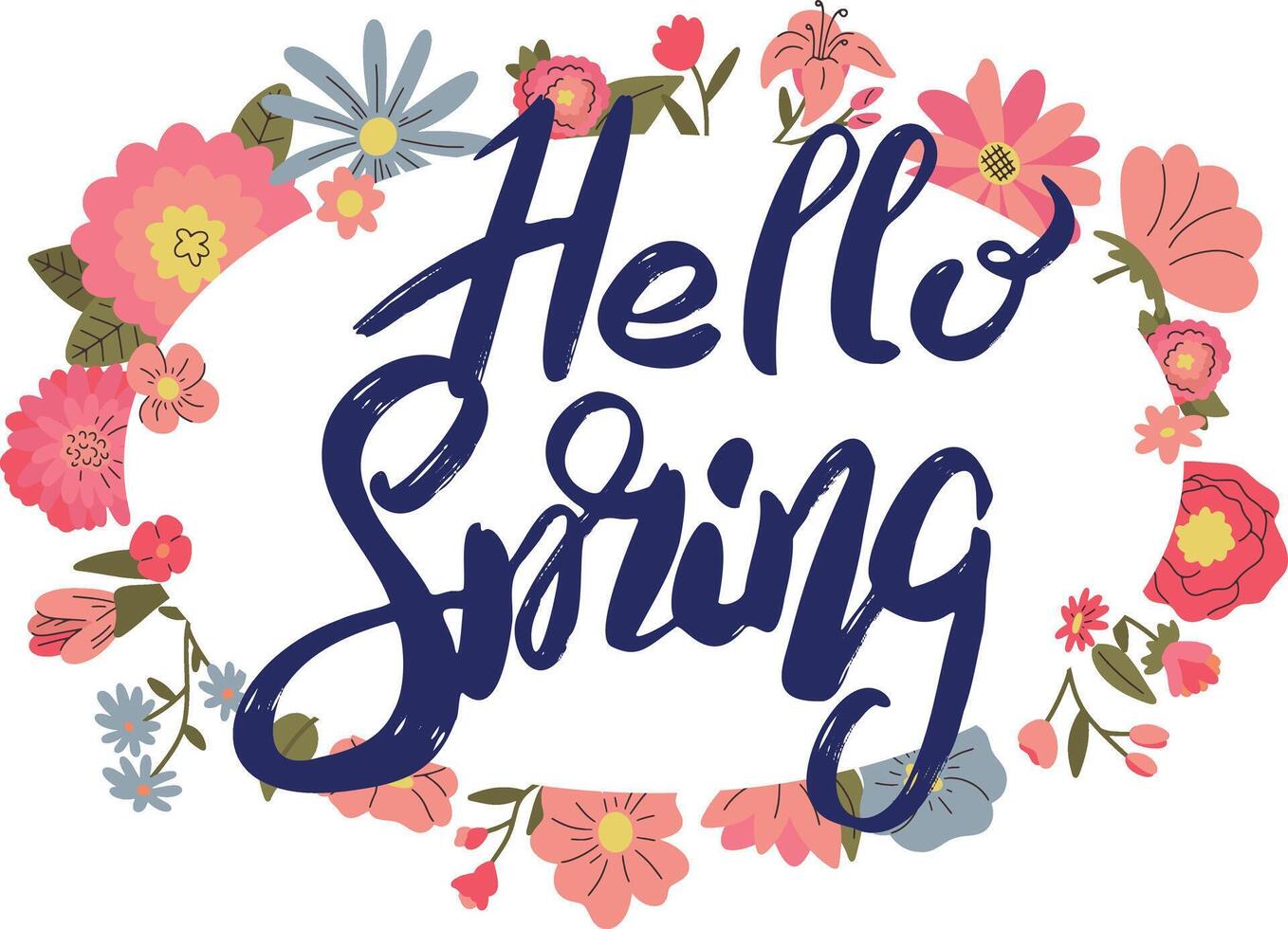 spring lettering and cute card template with hand drawn rustic flowers vector