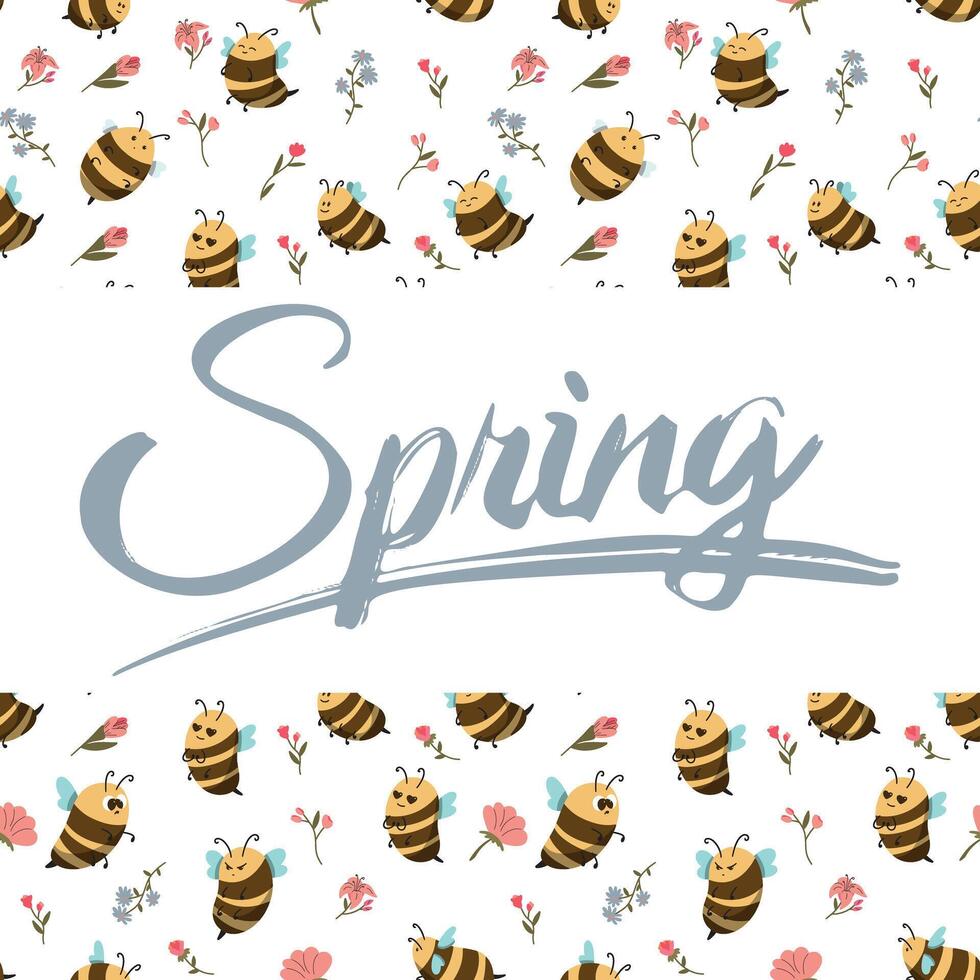 Hello Spring card. Bee flying near flowers in meadow, illustration vector