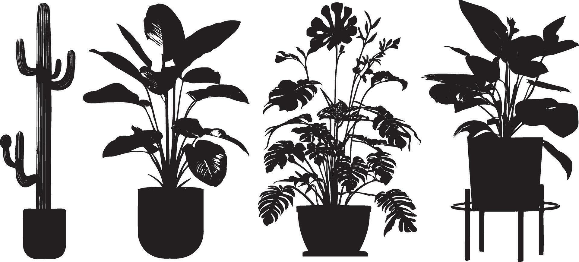 Office and house plant silhouette. Set of flowers in pots isolated on white background. Vector illustration.