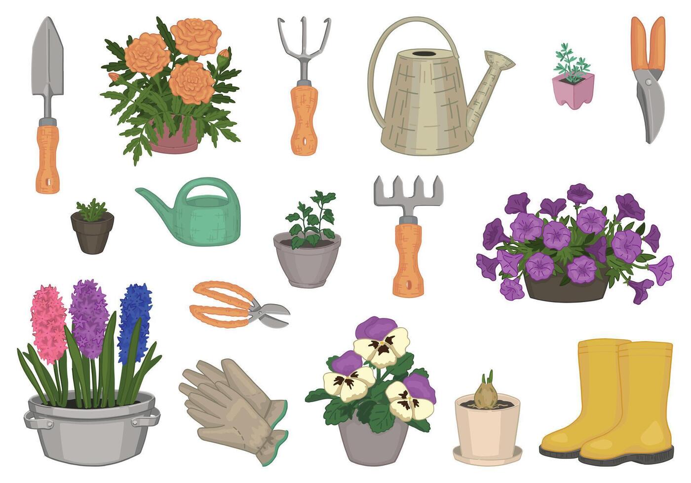 primavera jardinería recopilación. garabatos conjunto de en conserva plantas, guantes, caucho botas, riego latas, jardín herramientas. vector ilustración en dibujos animados estilo aislado en blanco.