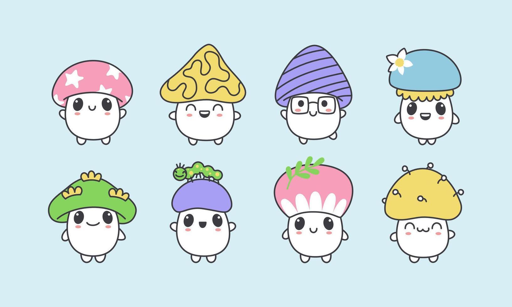 Set of small kawaii mushrooms of different characters. Cute cartoon stickers. Vector isolated illustration