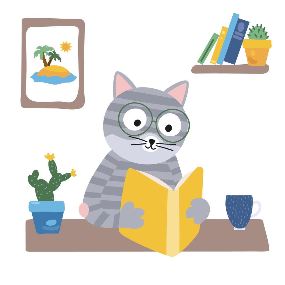 The cat is reading a book. Vector illustration in flat style