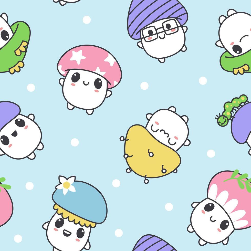 Seamless pattern of kawaii cute mushrooms. Vector children's illustration for textile, background