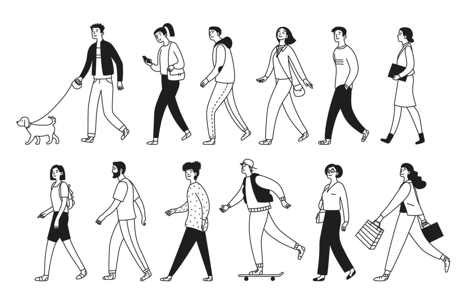 personas caminar y hacer cosas. hombres, mujer y adolescentes son caminando, andar en patineta, caminando el perro, mirando a el teléfono. vector ilustración aislado en garabatear estilo