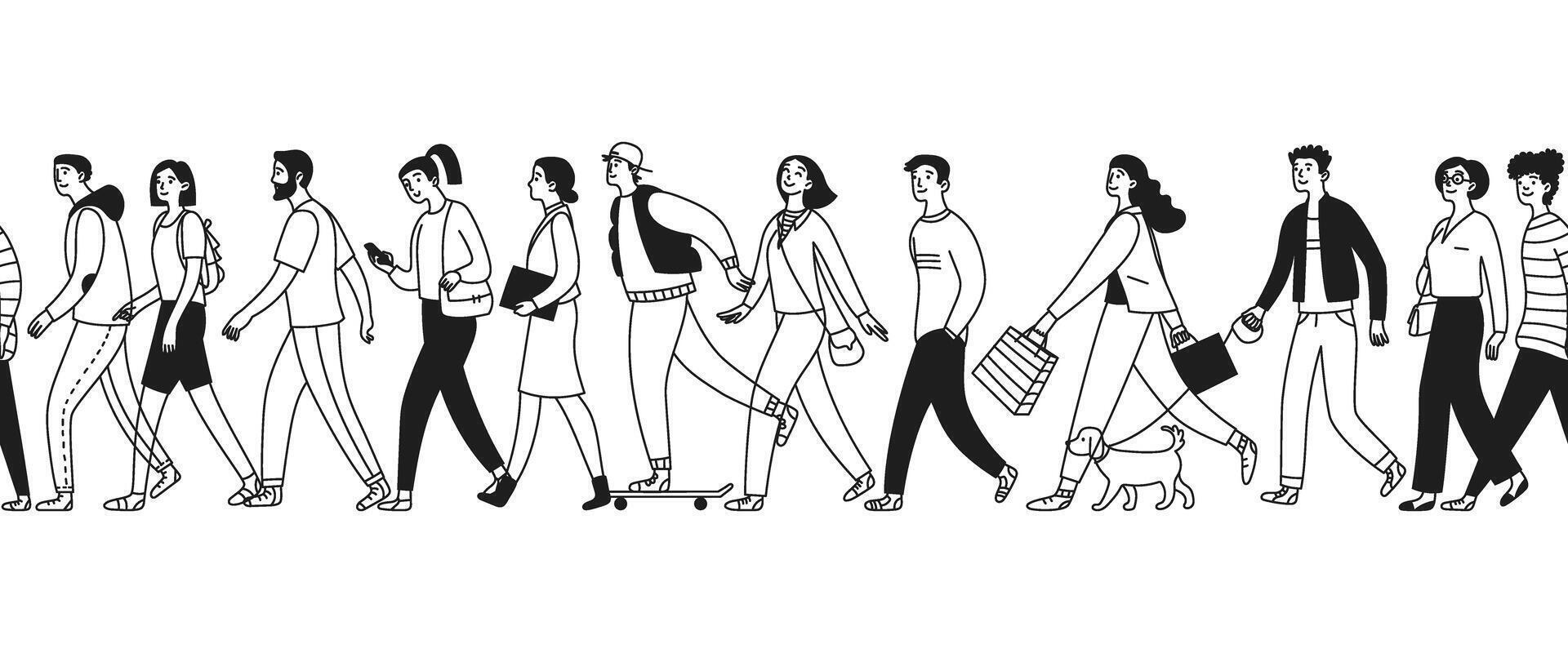 A crowd of people walking one after another. People are walking. Continuous series. Sequence. Men, women and teenagers walk. Vector illustration isolated in doodle style