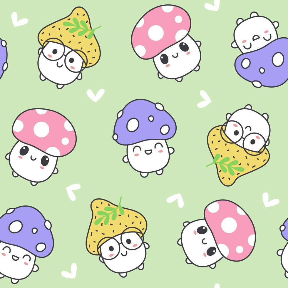 Seamless pattern of kawaii cute mushrooms on a green background. Vector children's illustration for textile, background