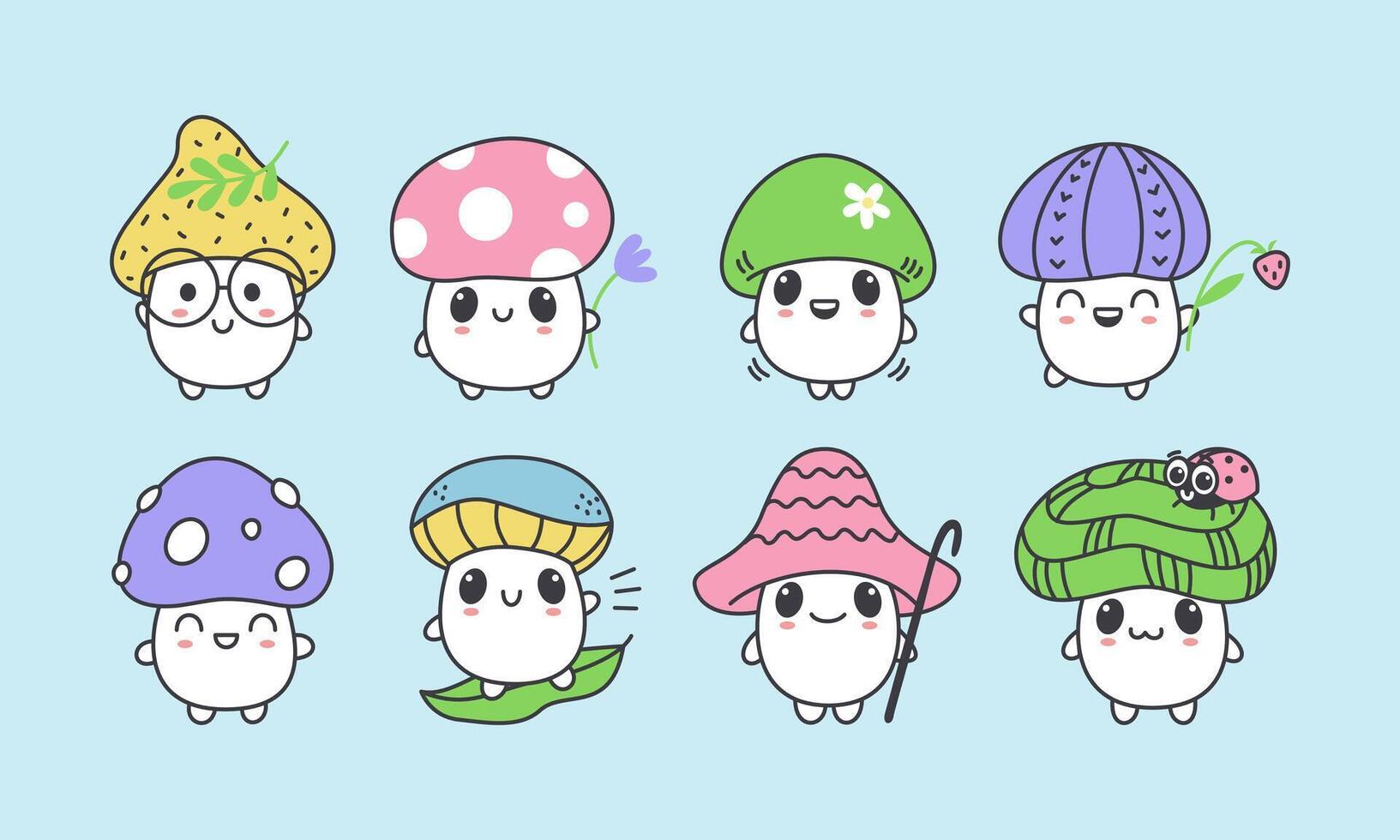 conjunto de kawaii hongos diferente caracteres. linda dibujos animados pegatinas vector aislado ilustración