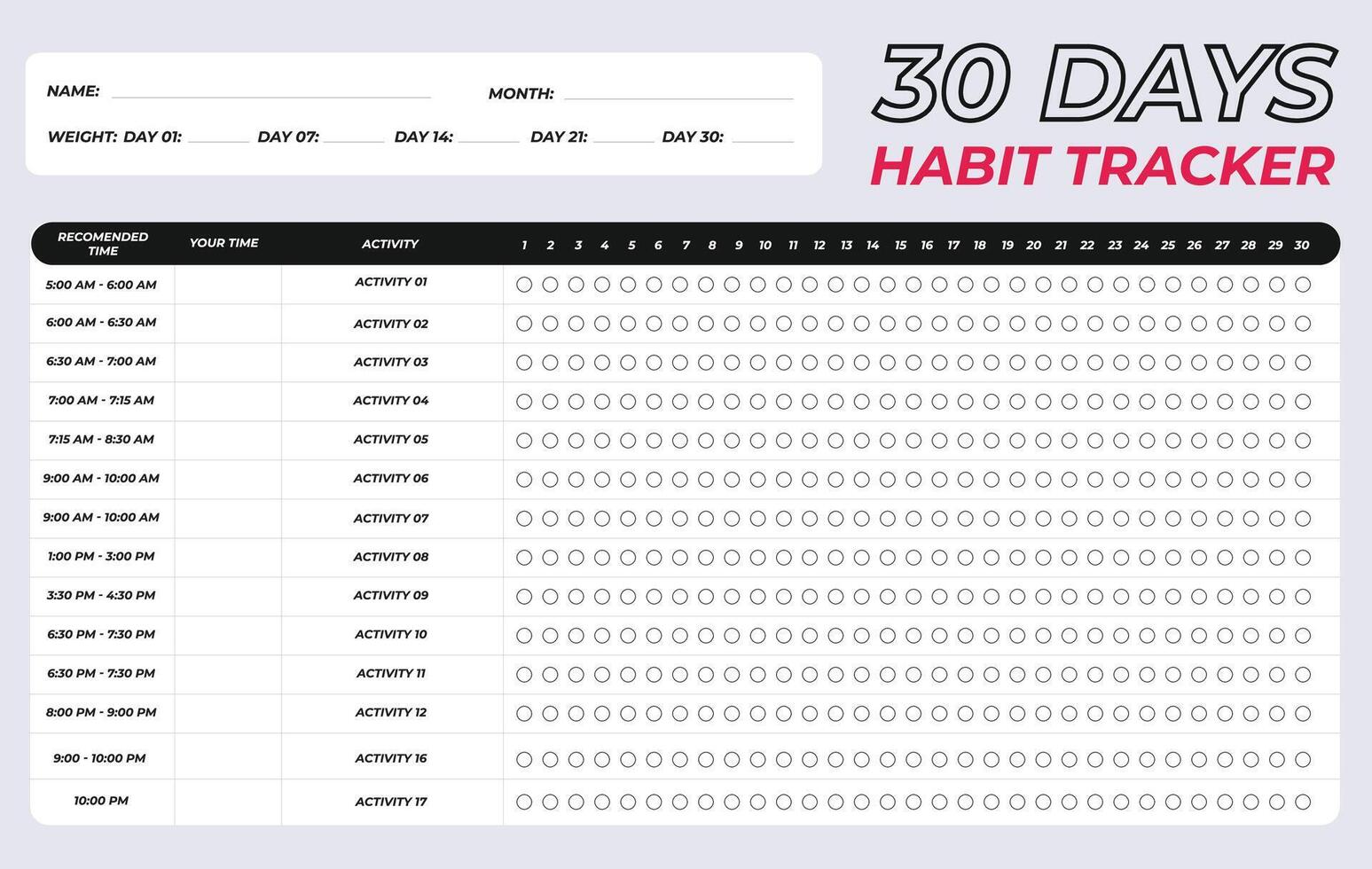 30 days activity habit tracker, 1 month weight lose challenge daily tracking template diary journal planner table bullets and time vector design fitness fat gain goal list printable page horizontal