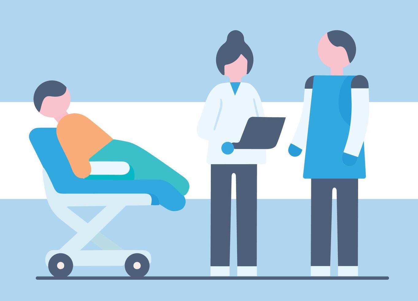 doctor and nurse on laptop consulting examine advise sick patient laying on medical bed visit treatment diagnostic at ward hospital clinic room flat vector concept character modern simple illustration