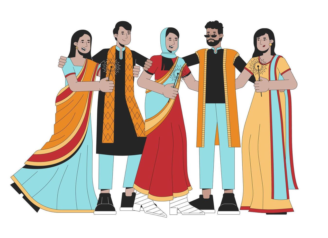 Diwali festival sparkles line cartoon flat illustration. Celebrating indians south asians in ethnic wear 2D lineart characters isolated on white background. Happy Deepawali scene vector color image