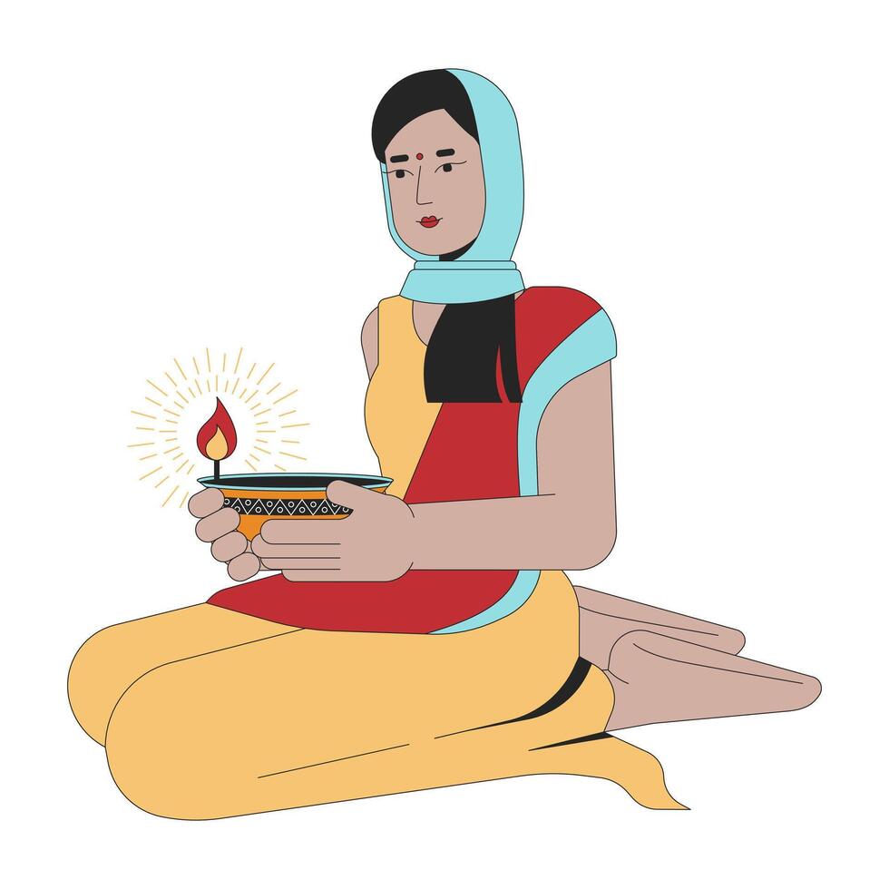 Lighting diwali diya line cartoon flat illustration. Young adult indian woman holding oil lamp 2D lineart character isolated on white background. Festival of lights celebrate scene vector color image