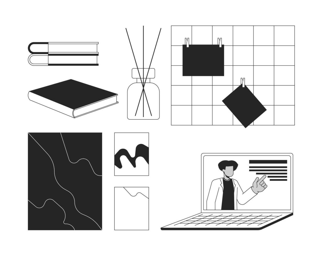 Cozy studying stationery black and white 2D line cartoon objects set. Sticky notes notebook isolated vector outline items collection. Reed diffuser, laptop monochromatic flat spot illustrations