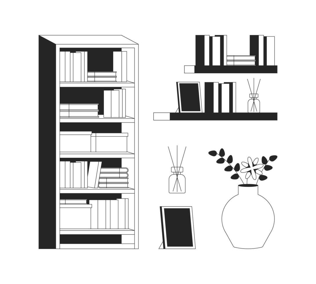 Amante de libros acogedor mueble negro y blanco 2d línea dibujos animados objetos colocar. accesorios difusor, estantería aislado vector contorno artículos recopilación. librero monocromo plano Mancha ilustraciones