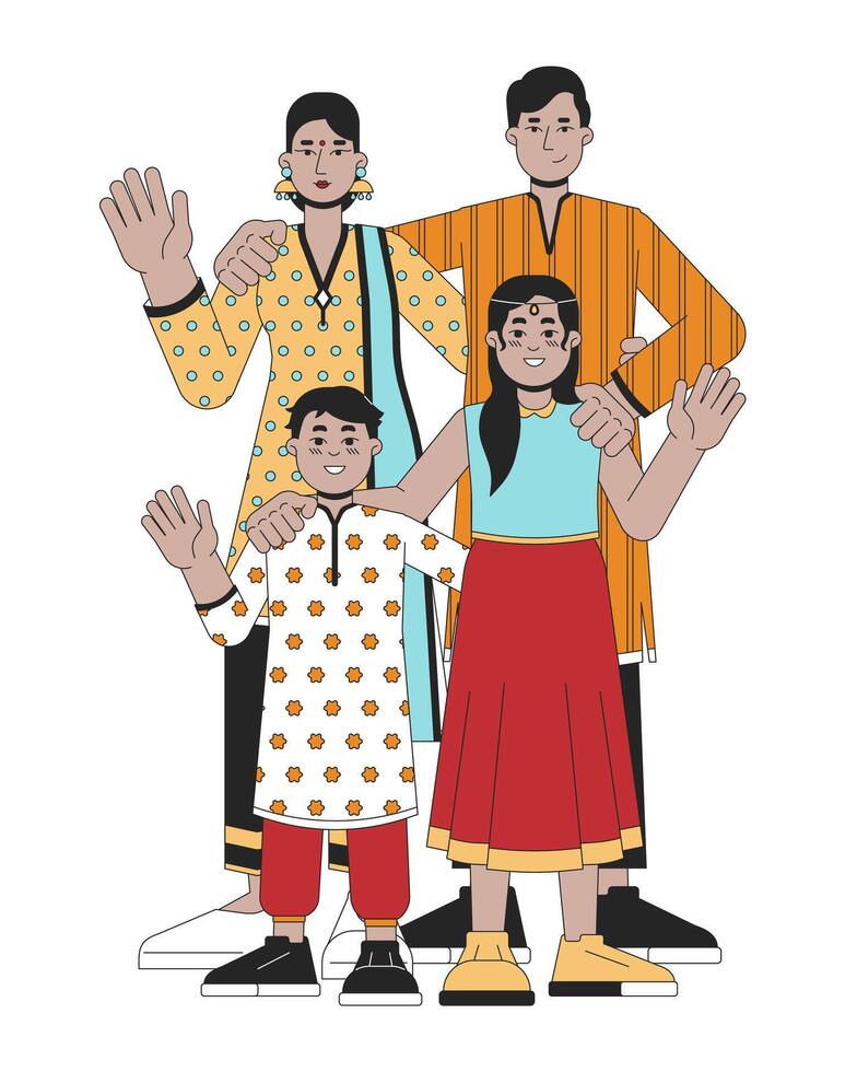 Indian family wearing traditional clothing line cartoon flat illustration. Deepavali parents kids 2D lineart characters isolated on white background. Diwali celebration scene vector color image