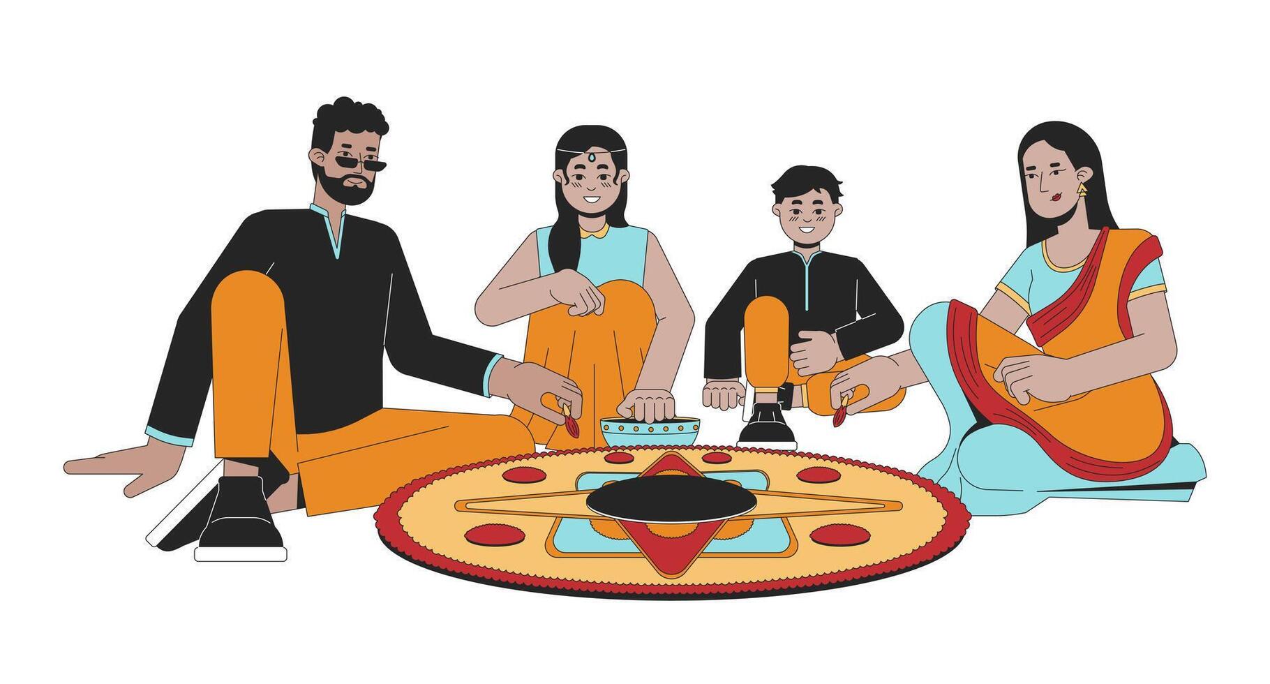 Indian family making diwali rangoli line cartoon flat illustration. Happy south asians at home 2D lineart characters isolated on white background. Deepawali celebration scene vector color image