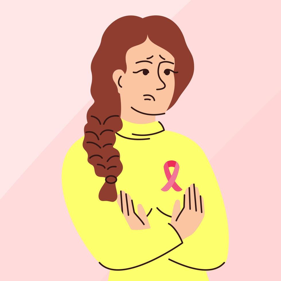 Young woman with breast cancer illustration character. Cancer awareness month. vector