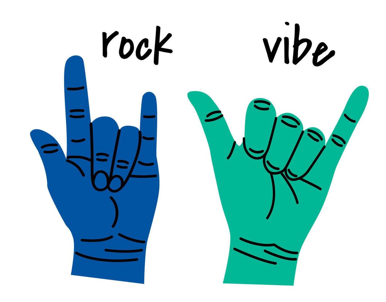 Set of colorful hands with different gestures. Modern trendy flat cartoon style. Hand drawn vector illustration. Hands show rock and vibe. Different signs and symbols.