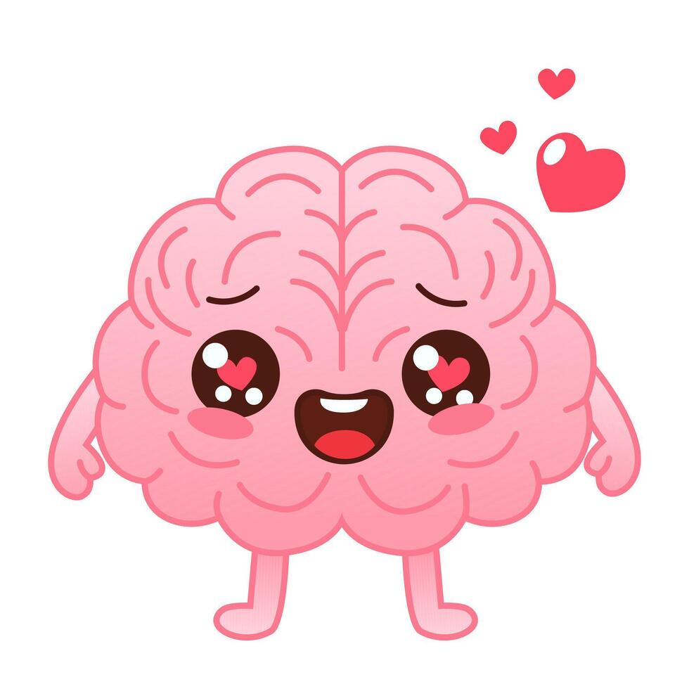 linda rosado de colores cerebro personaje en amor y corazones en un blanco antecedentes. plano estilo dibujos animados cerebro personaje diseño. vector mascota ilustración humano Organo icono diseño