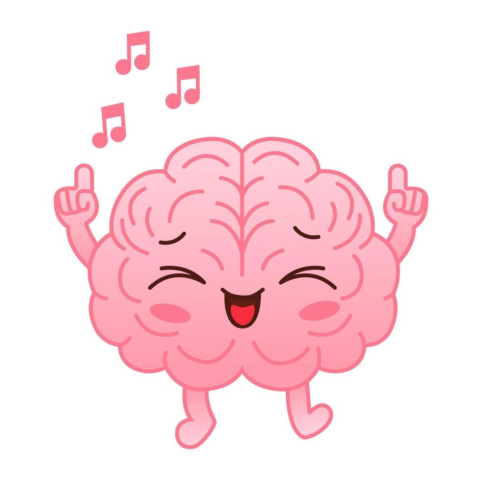 Cute pink brain character dancing with his eyes closed on a white background. Flat style cartoon brain character design. Vector mascot illustration human organ icon design