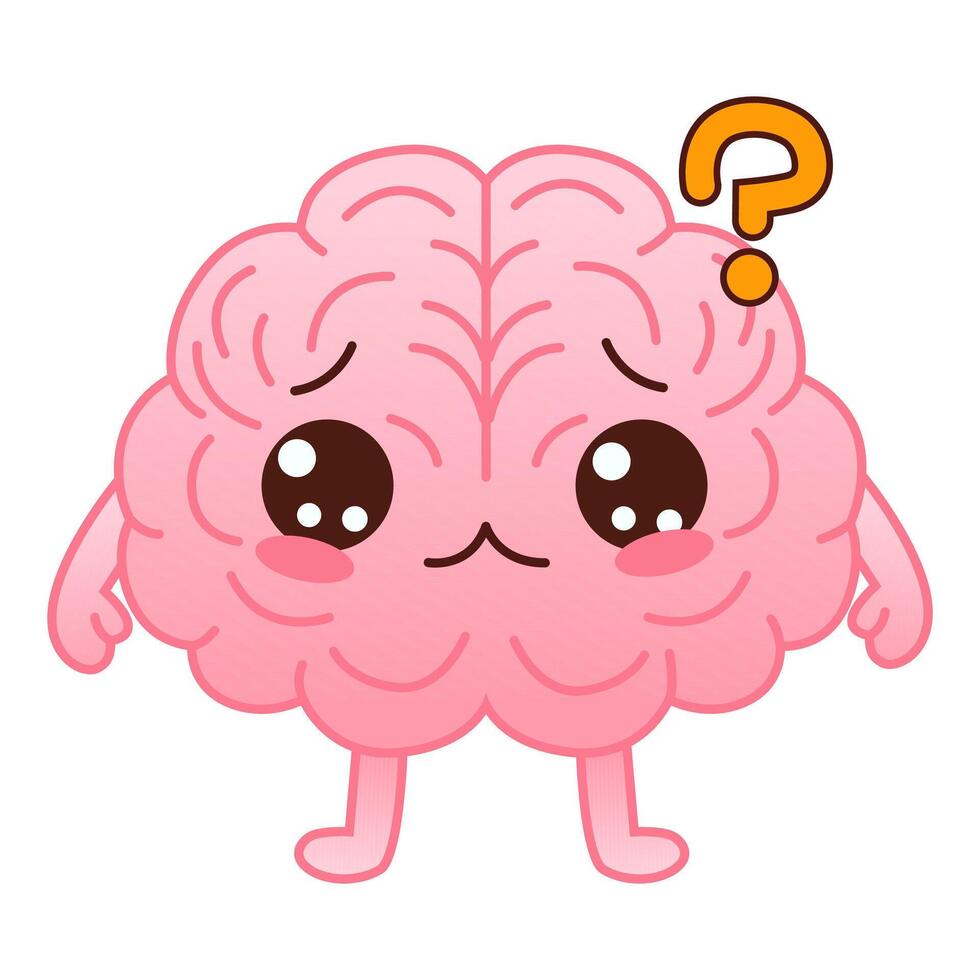 linda rosado de colores cerebro personaje y pregunta marca en un blanco antecedentes. plano estilo dibujos animados cerebro personaje diseño. vector mascota ilustración humano Organo icono diseño